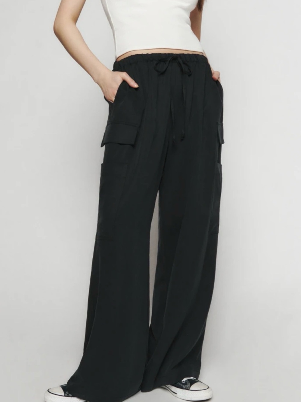 Reformation Ethan Black Wide-Leg Cargo Trousers with Drawstring